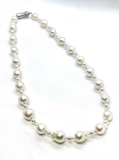Akoya pearl necklace with extra baroque and baby pearls, Italian Venetian glass parts, and alloy magnet fastener