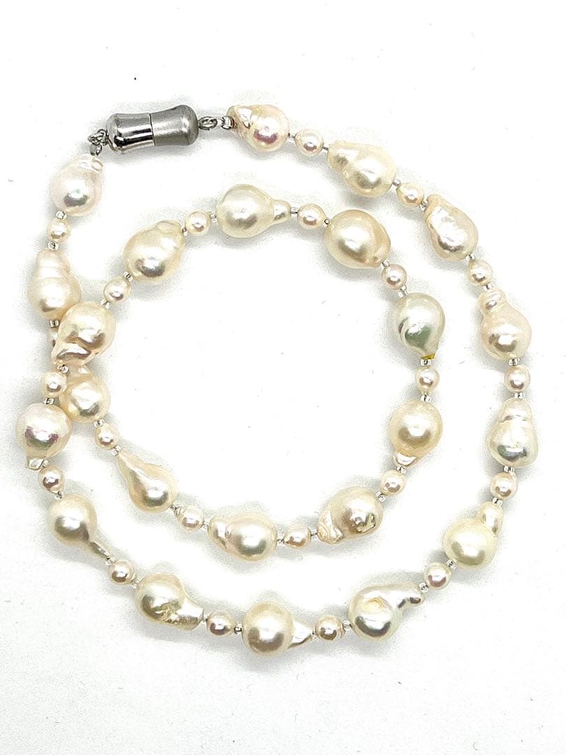 Akoya pearl necklace with extra baroque and baby pearls, Italian Venetian glass parts, and alloy magnet fastener