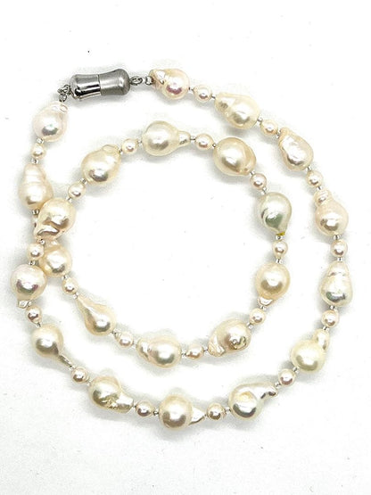 Akoya pearl necklace with extra baroque and baby pearls, Italian Venetian glass parts, and alloy magnet fastener