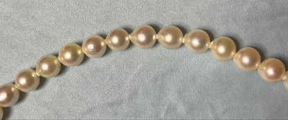 Takashimaya Akoya pearl necklace and earrings set featuring 8-8.5mm slightly pinkish and white pearls with silver clasp