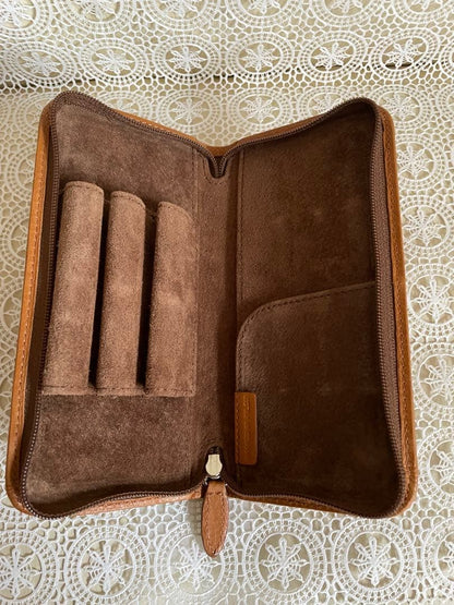 PILOT Pen Specialized Round Zipper Pen Case in brown with two pockets and pig suede interior