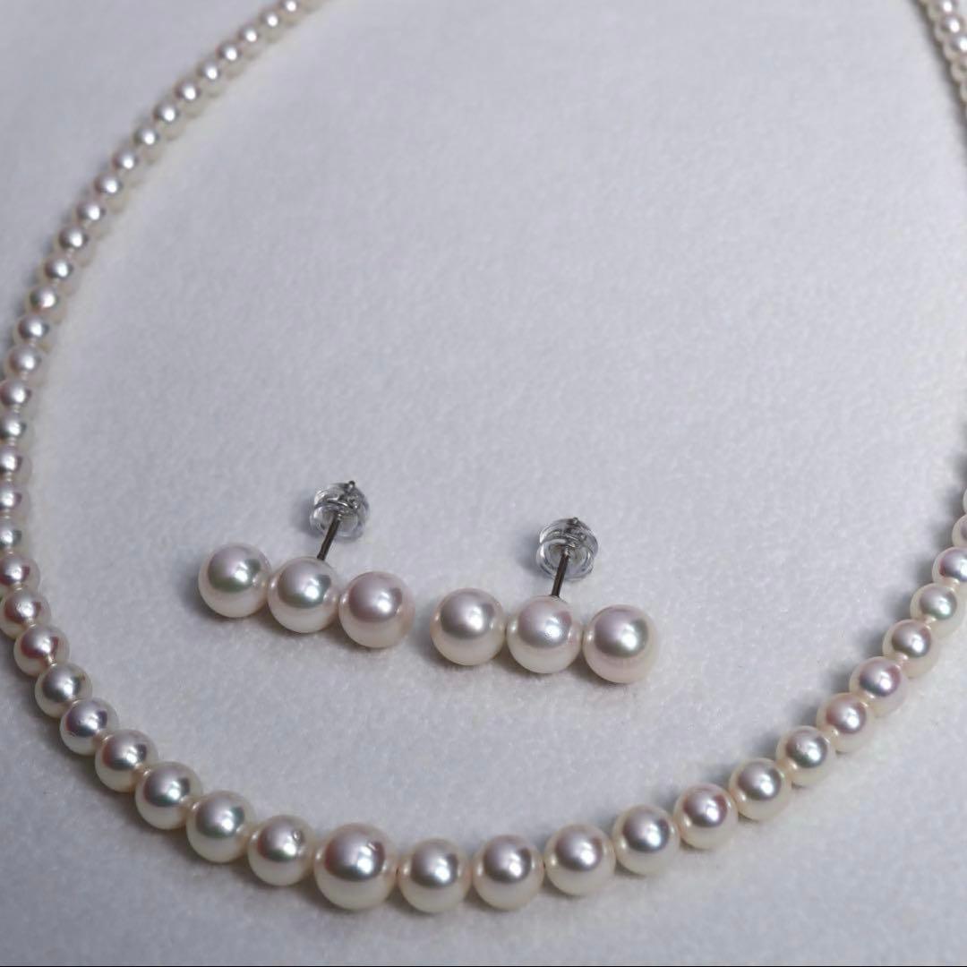 Akoya pearl necklace and earring set with pink round pearls on titanium, necklace 42 cm long