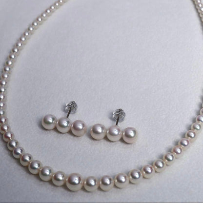 Akoya pearl necklace and earring set with pink round pearls on titanium, necklace 42 cm long