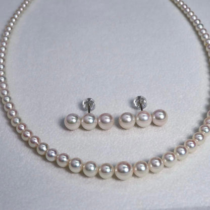 Akoya pearl necklace and earring set with pink round pearls on titanium, necklace 42 cm long