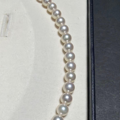 MIKIMOTO Akoya Pearl Necklace with 7.5 natural pearls and high luster on a white background
