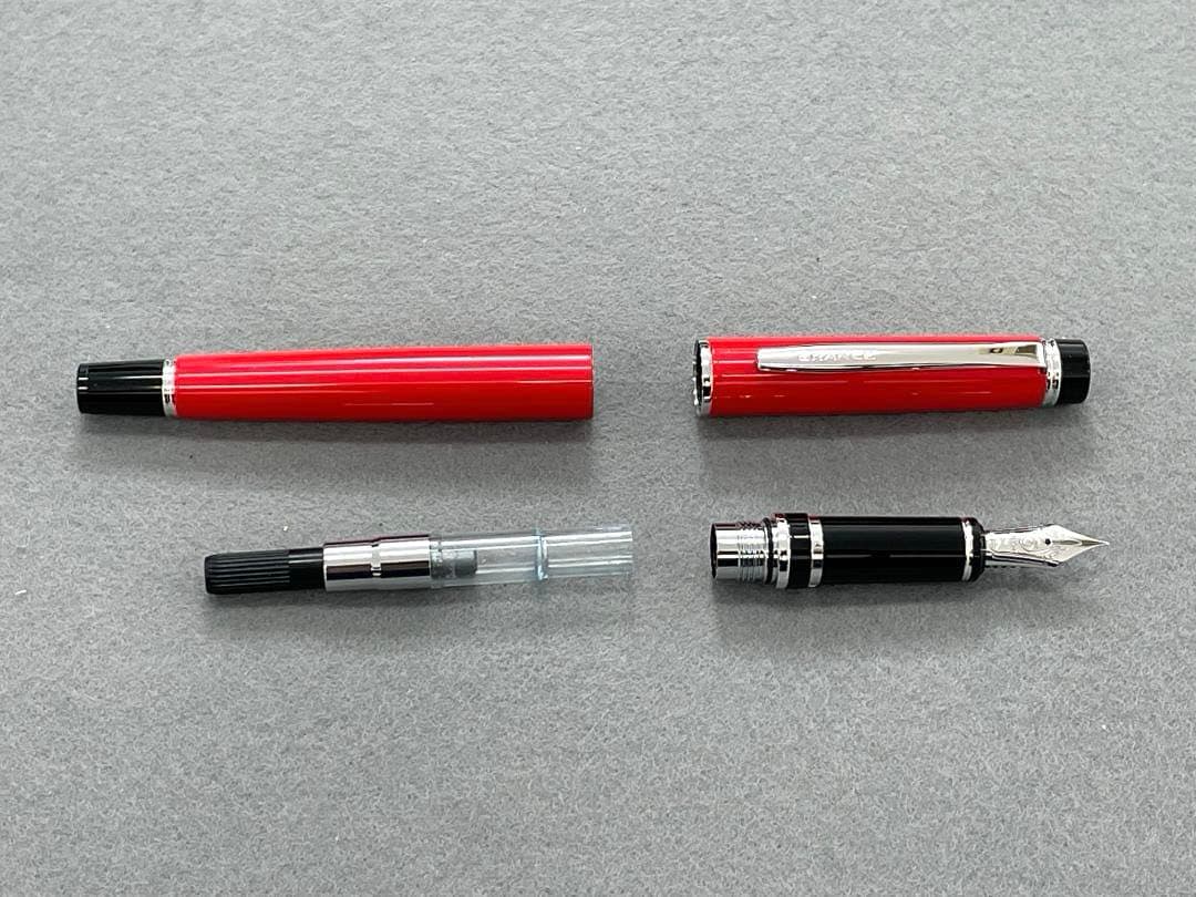 Red Pilot Gransee NC fountain pen with fine 14K gold nib, black accents, including converter and cartridges