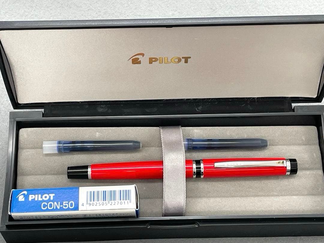 Red Pilot Gransee NC fountain pen with fine 14K gold nib, black accents, including converter and cartridges