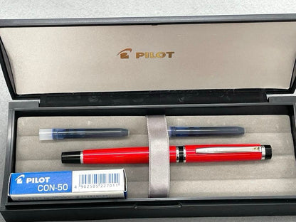 Red Pilot Gransee NC fountain pen with fine 14K gold nib, black accents, including converter and cartridges