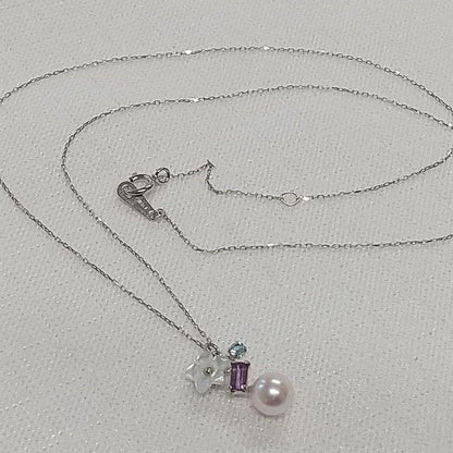 K10WG Akoya pendant necklace featuring a 5.5mm genuine pearl and color stones on a 40cm chain