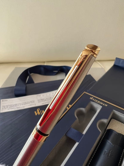 Waterman Metropolitan Essential Metal GT ballpoint pen with twist mechanism and metal finish shown with leather case and box