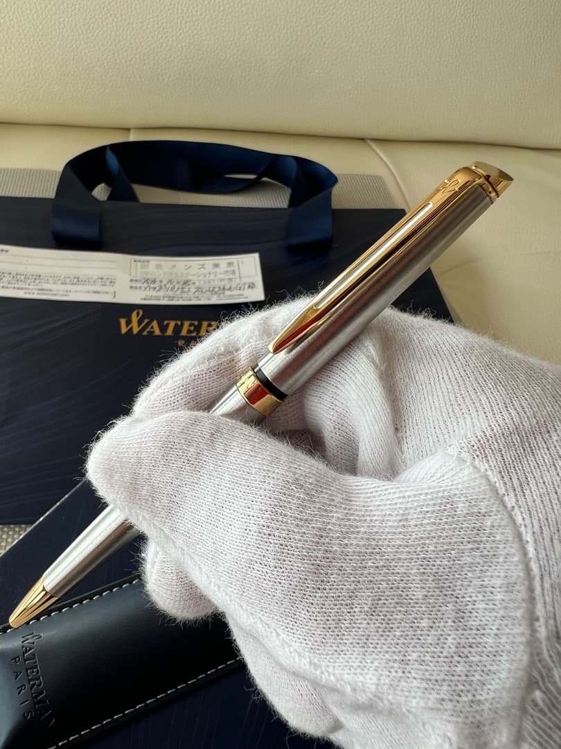 Waterman Metropolitan Essential Metal GT ballpoint pen with twist mechanism and metal finish shown with leather case and box