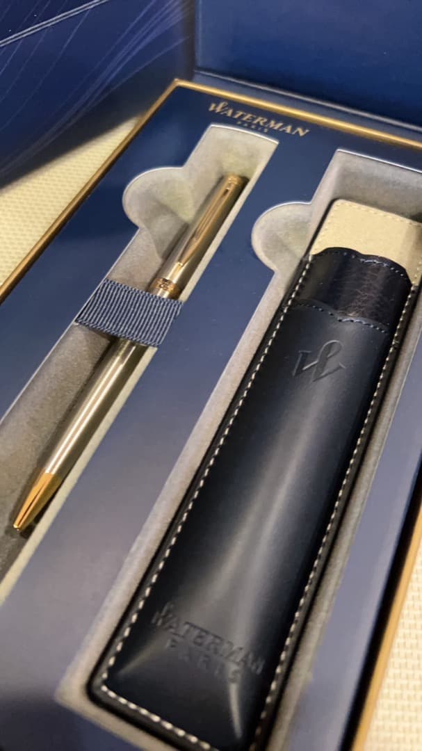Waterman Metropolitan Essential Metal GT ballpoint pen with twist mechanism and metal finish shown with leather case and box