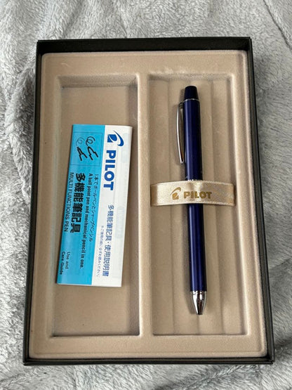 Pilot Multi-Function Pen Z-GR-SBN showing black, red, and blue ink pens plus mechanical pencil with case and box