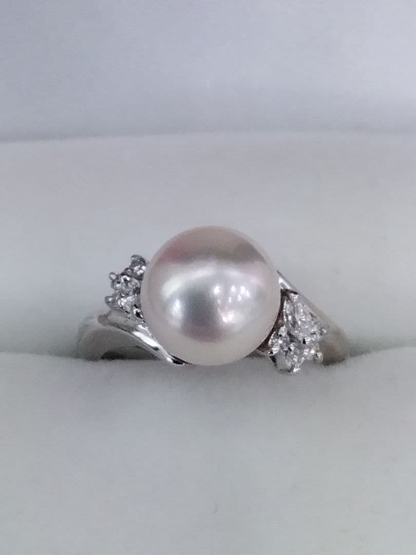 Akoya pearl necklace, ring, and earring set with silver necklace and platinum ring and earrings