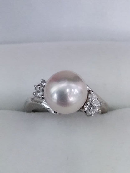 Akoya pearl necklace, ring, and earring set with silver necklace and platinum ring and earrings
