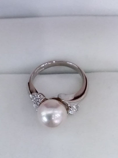 Akoya pearl necklace, ring, and earring set with silver necklace and platinum ring and earrings