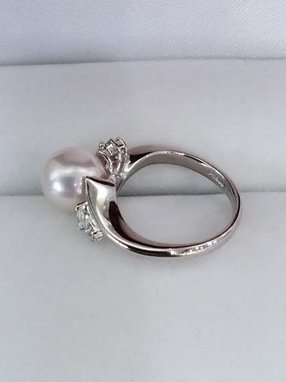Akoya pearl necklace, ring, and earring set with silver necklace and platinum ring and earrings
