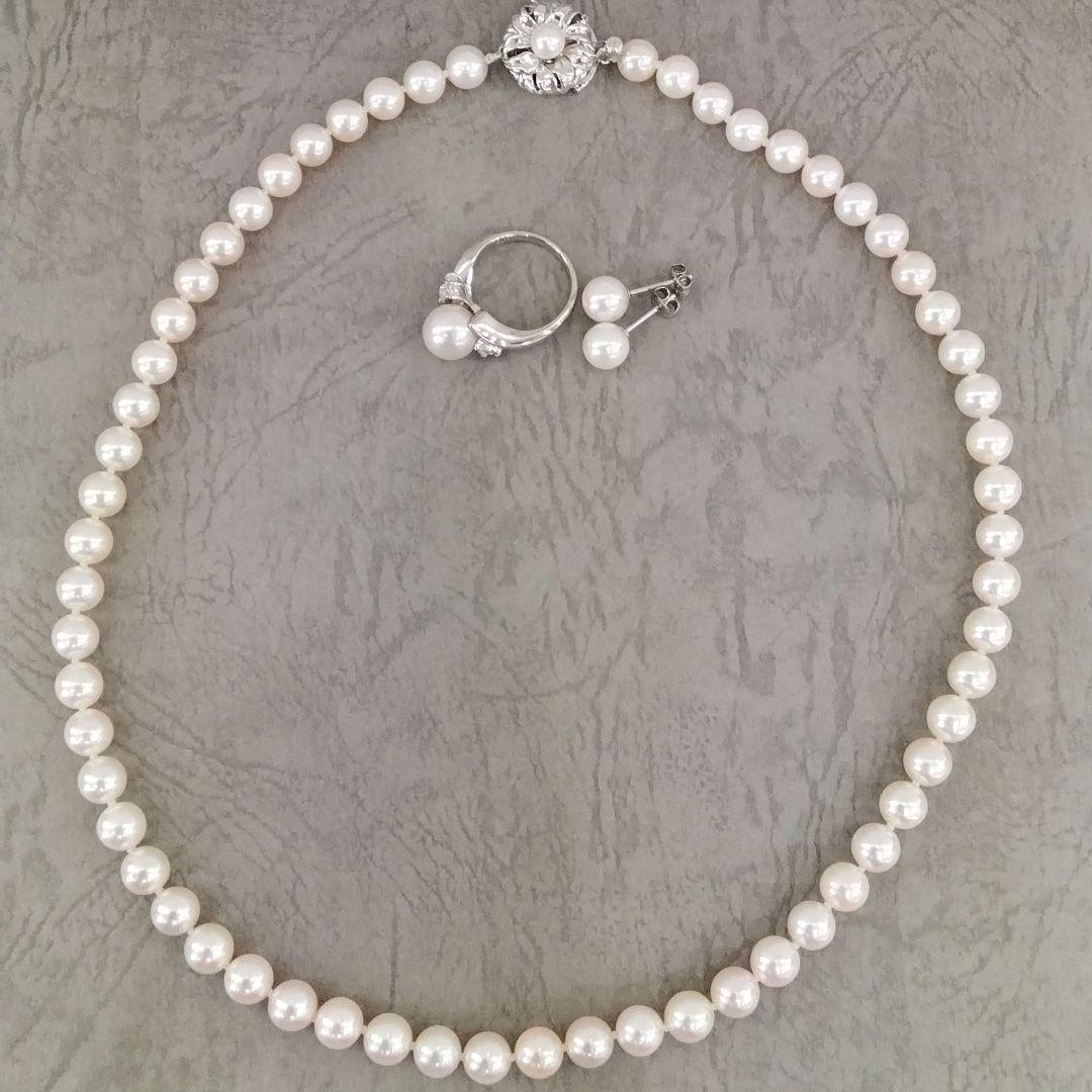 Akoya pearl necklace, ring, and earring set with silver necklace and platinum ring and earrings
