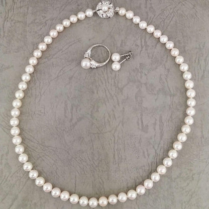 Akoya pearl necklace, ring, and earring set with silver necklace and platinum ring and earrings