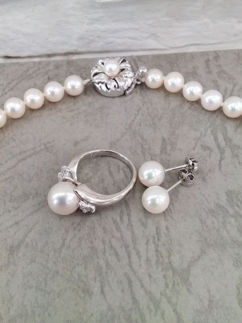 Akoya pearl necklace, ring, and earring set with silver necklace and platinum ring and earrings