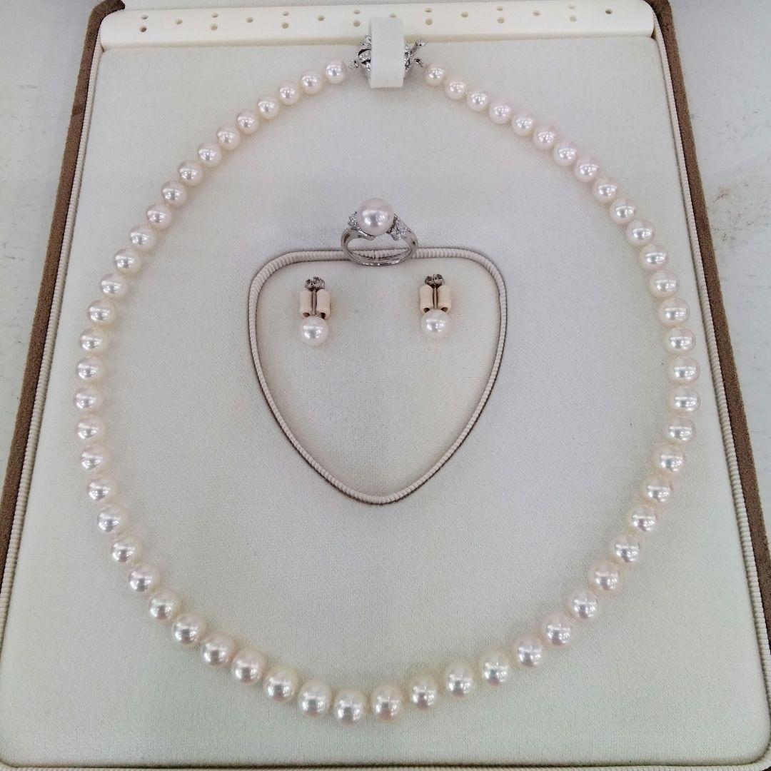 Akoya pearl necklace, ring, and earring set with silver necklace and platinum ring and earrings