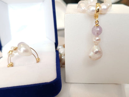 Akoya large 11.5mm pearl pendant with green, pink, blue iridescent colors and amethyst gemstone