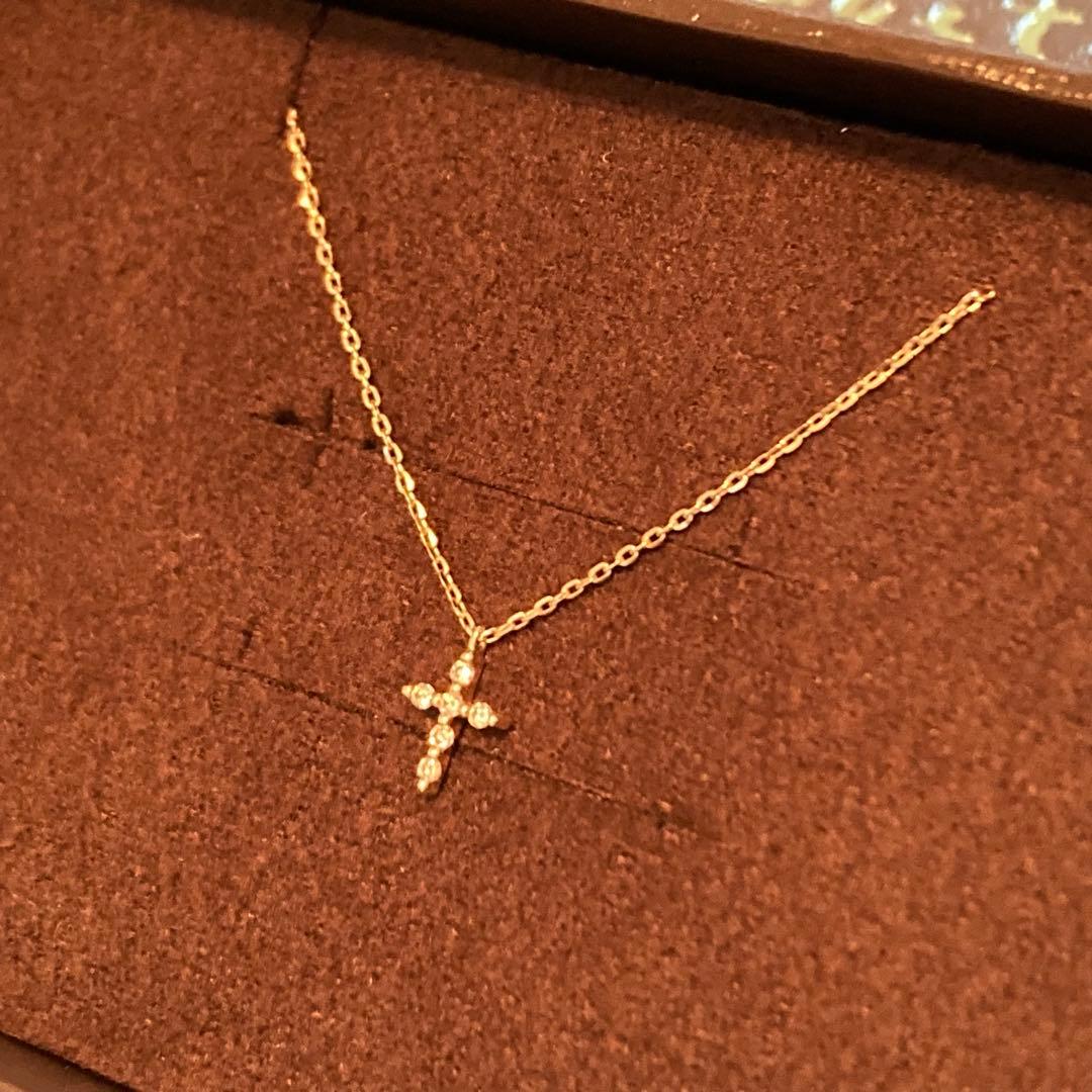 Law agete K10 yellow gold diamond cross motif necklace with 0.03ct diamonds and 40cm chain