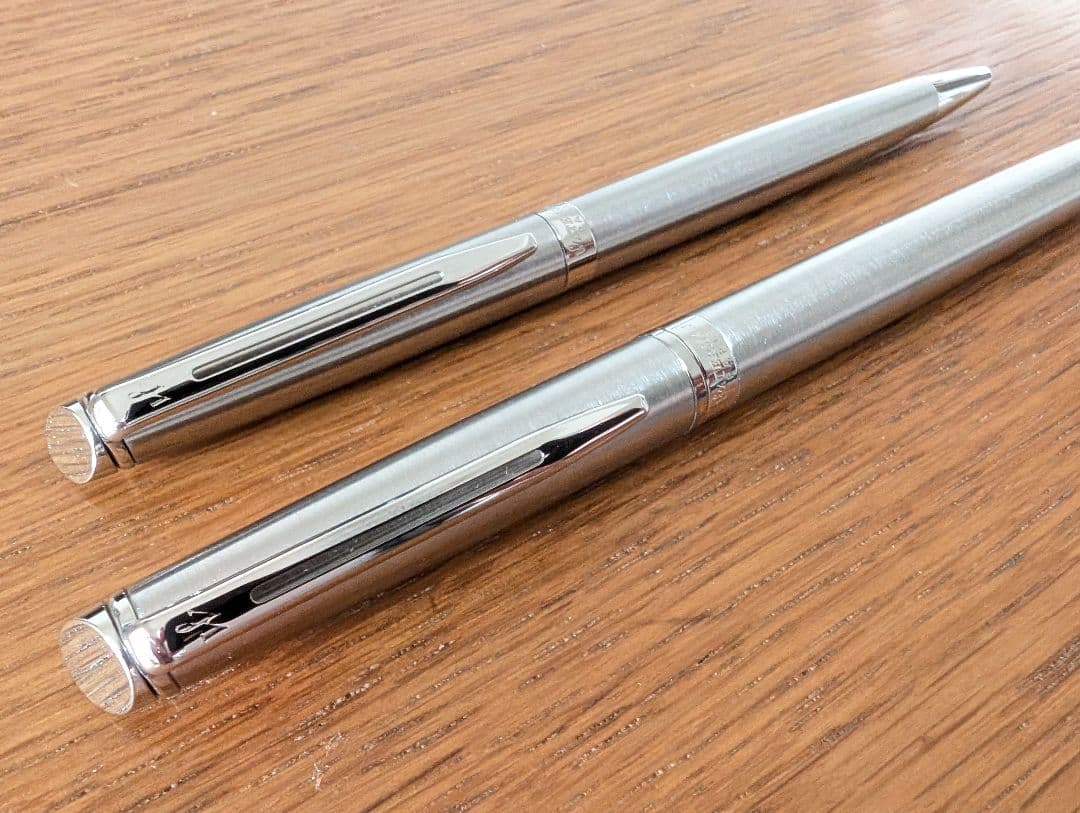 WATERMAN Paris ballpoint and rollerball pen set in silver stainless steel finish with included box