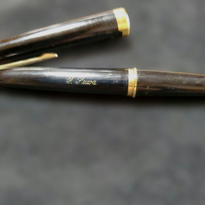 Black Pilot Elite fountain pen with resin body and gold plated accents shown with 14K586 nib