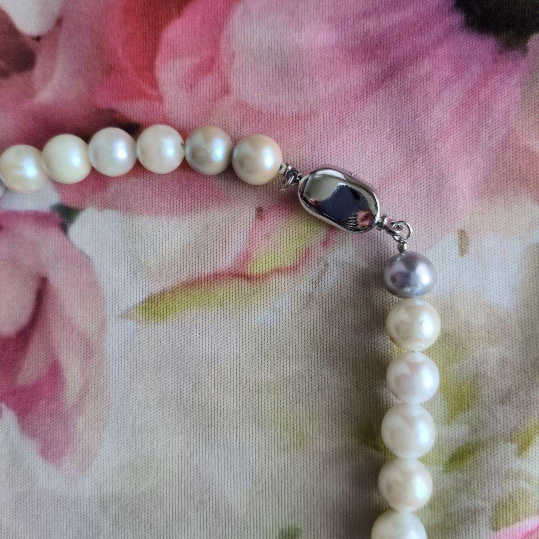 Simple Akoya pearl necklace with white and light gray pearls, 8-8.5mm size, 43cm length