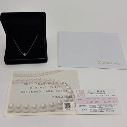 Law Pink Akoya pearl necklace with 0.03ct diamond set in platinum, featuring 3.5-4.0 mm pearls on a 41 cm chain