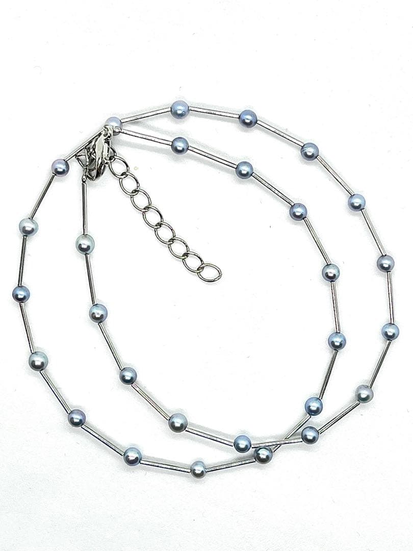 Akoya Pearl Indigo Blue Baby Pearl Station Necklace with silver parts and alloy clasp on white background