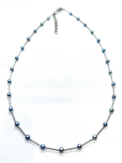 Akoya Pearl Indigo Blue Baby Pearl Station Necklace with silver parts and alloy clasp on white background