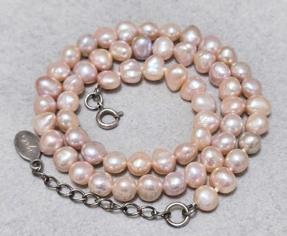 agete pink freshwater pearl silver necklace with 40cm length shown on white background