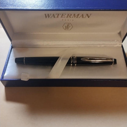 WATERMAN Expert Black Fountain Pen made of black resin with silver accents, shown capped
