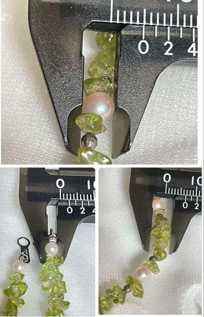 Pink Aurora Akoya Pearl necklace featuring 7 baby pearls and peridot stones with silver clasp