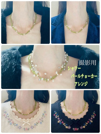 Pink Aurora Akoya Pearl necklace featuring 7 baby pearls and peridot stones with silver clasp