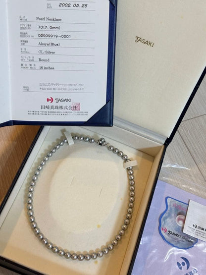 TASAKI Akoya Pearl Necklace featuring 7 mm pearls on a 42.5 cm chain with warranty