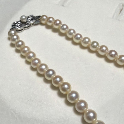 Mikimoto Akoya Pearl Necklace with 5.5mm baby pearls and high luster on a white background