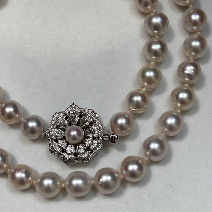 Large Akoya Pearl Necklace with 8.5mm pearls, 49cm length, on sterling silver chain