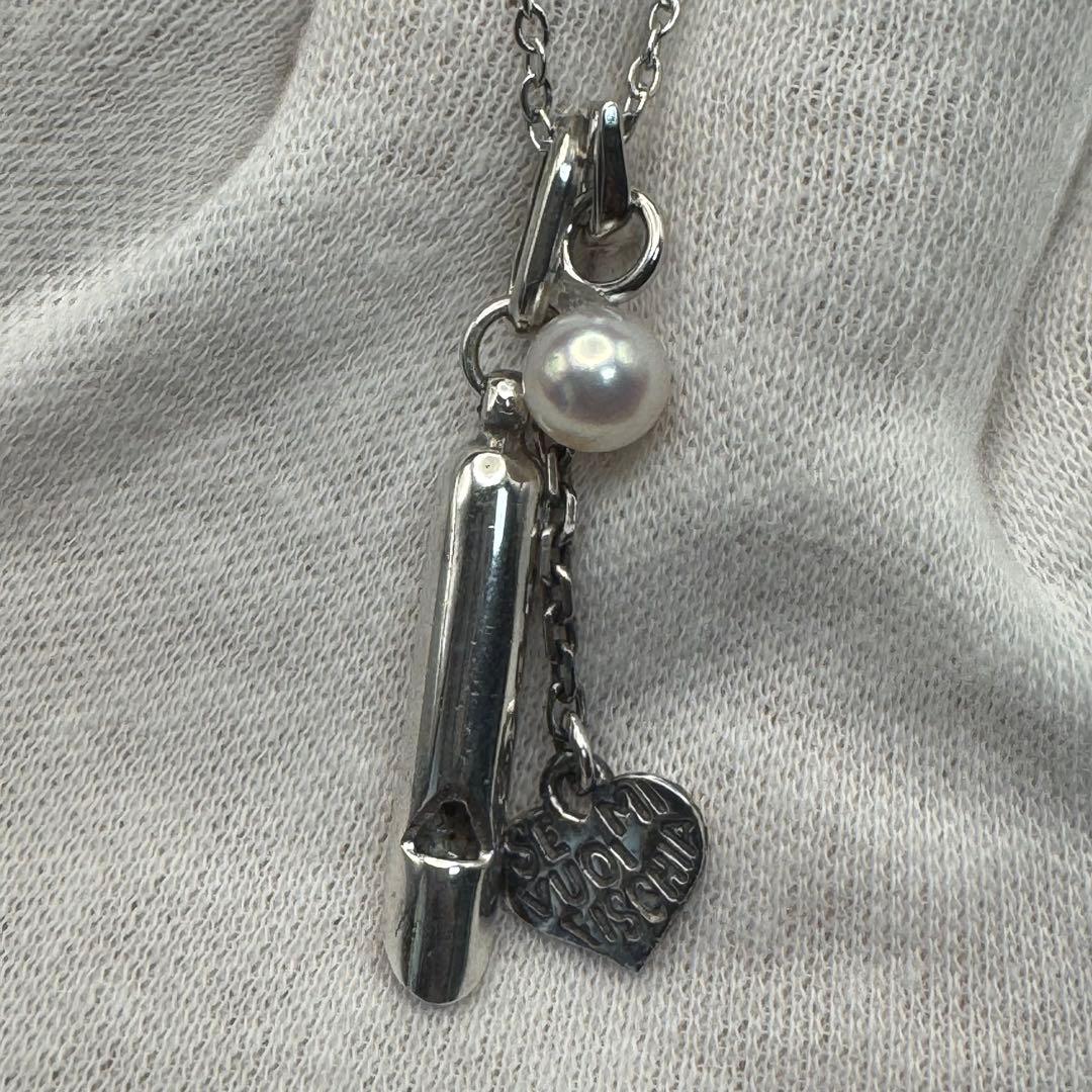 Vintage Italy silver whistle necklace with 6.6mm Akoya pearl and surgical stainless steel chain