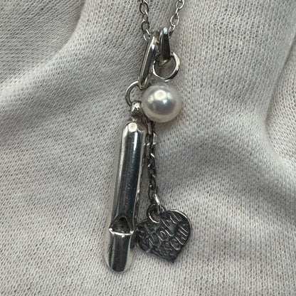 Vintage Italy silver whistle necklace with 6.6mm Akoya pearl and surgical stainless steel chain