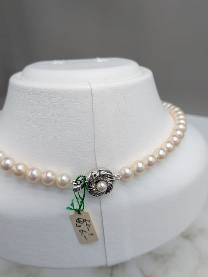 Akoya Genuine Pearl Necklace 6.5-7mm White Pink pearls with silver clasp, 42.3cm length