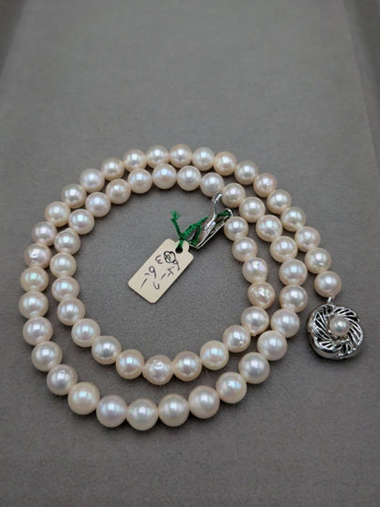 Akoya Genuine Pearl Necklace 6.5-7mm White Pink pearls with silver clasp, 42.3cm length