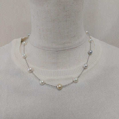 Aquoqa Honmai Pearl Station Necklace featuring 8.5-6.5mm round pearls on silver adjustable chain 40-45cm
