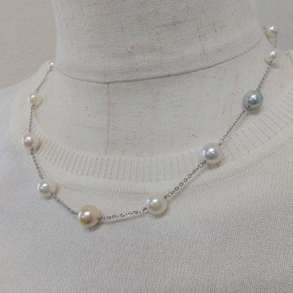 Aquoqa Honmai Pearl Station Necklace featuring 8.5-6.5mm round pearls on silver adjustable chain 40-45cm