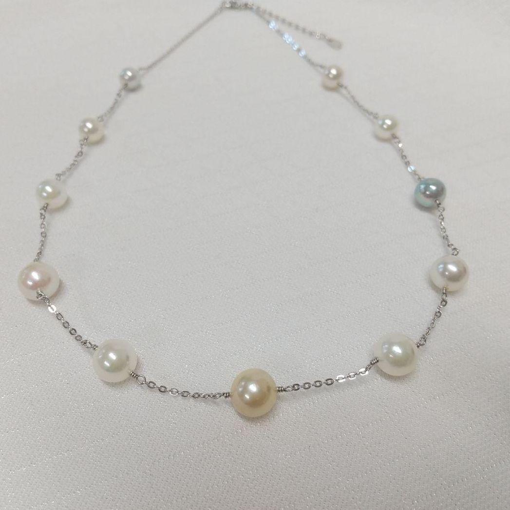 Aquoqa Honmai Pearl Station Necklace featuring 8.5-6.5mm round pearls on silver adjustable chain 40-45cm