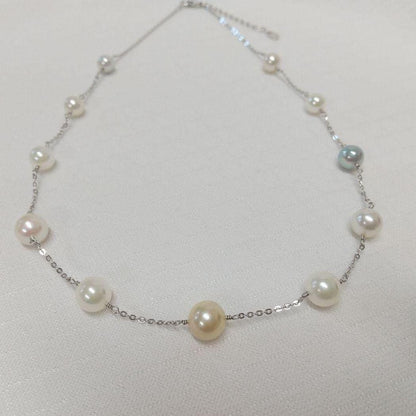 Aquoqa Honmai Pearl Station Necklace featuring 8.5-6.5mm round pearls on silver adjustable chain 40-45cm