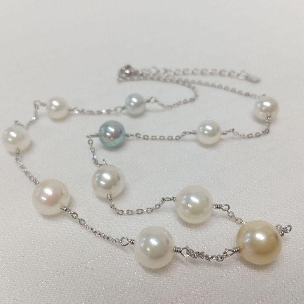 Aquoqa Honmai Pearl Station Necklace featuring 8.5-6.5mm round pearls on silver adjustable chain 40-45cm
