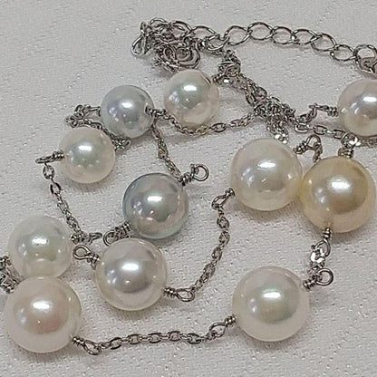 Aquoqa Honmai Pearl Station Necklace featuring 8.5-6.5mm round pearls on silver adjustable chain 40-45cm